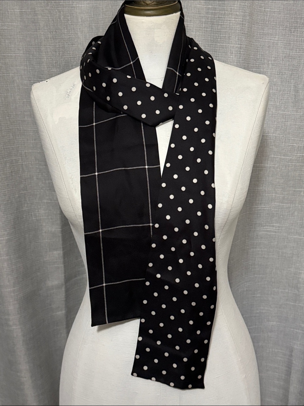Vintage Polka Dot/Window Pane Check-Scarf-Double Sided-Black/White-Narrow & Long